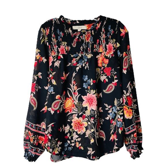 Loft black pink floral cottagecore boho ruffle chiffon top medium - Picture 1 of 9
